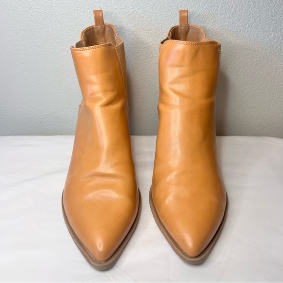Tan Pointed Toe Chelsea Ankle Boots Faux Leather Block Heel Booties Size 9 - Picture 2 of 13